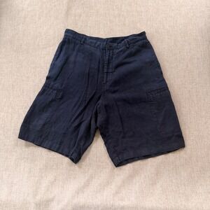 Zara 100% Linen Cargo Shorts Mens Size Medium Navy Blue Casual Summer